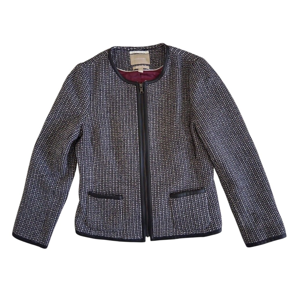 Banana Republic Women's Blazer Jacket Black & White Tweed Fitted Zip-Up Size 14